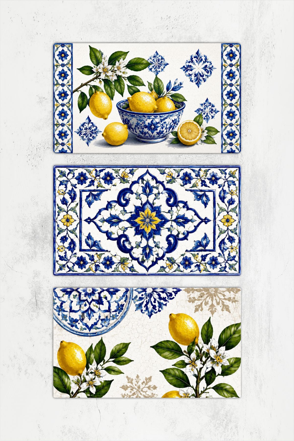3'lü Cam Kesme Tahtası | Akdeniz Rüyası Limon ve Çini Desenli | 17cm x 29cm