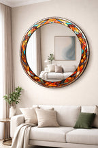 Dekor Camı ve Ayna | Renkli Vitray Desenli Yuvarlak Dekoratif Ayna | 100cm x 100cm