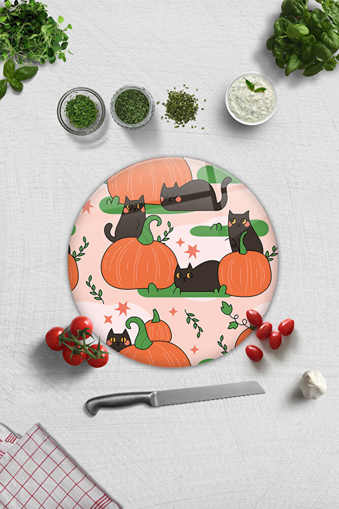 Cam Kesme Tahtası - Cam Kesme Tablası | Balkabağı ve Kedi | 20cm x 30cm