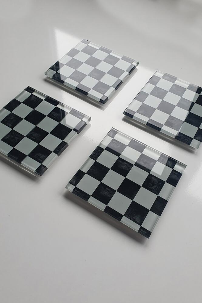 Cam Bardak Altlığı | 4'lü Takım Damalı Desen | 10cm X 10cm