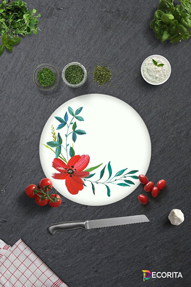 Çiçek Motifi Desenli | Cam Kesme Tahtası - Cam Kesme Tablası | Çap 32cm