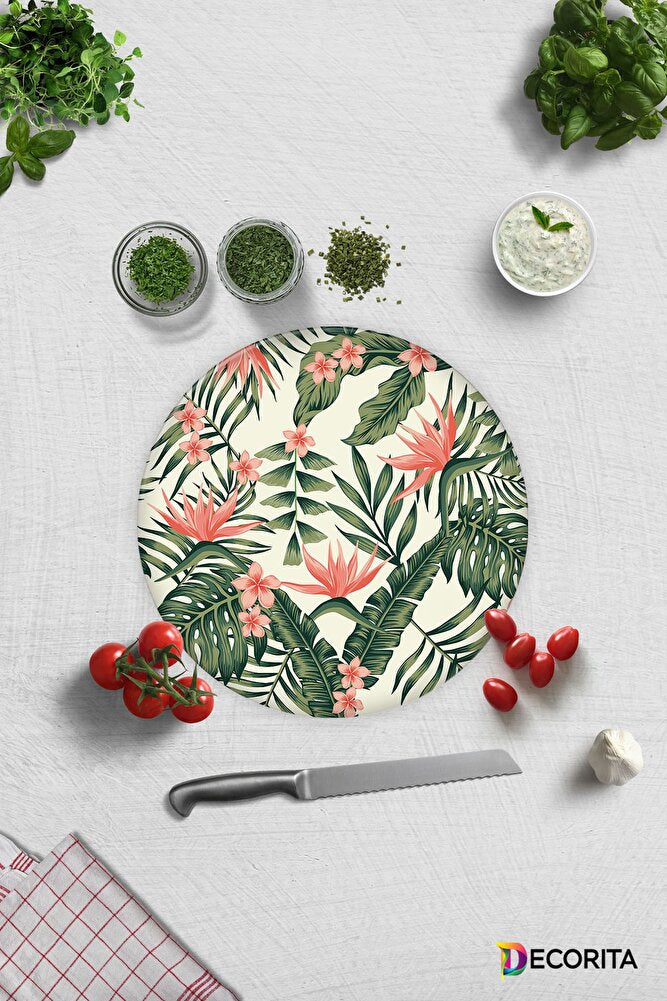 Botanik Desenli | Cam Kesme Tahtası - Cam Kesme Tablası | Çap 32cm