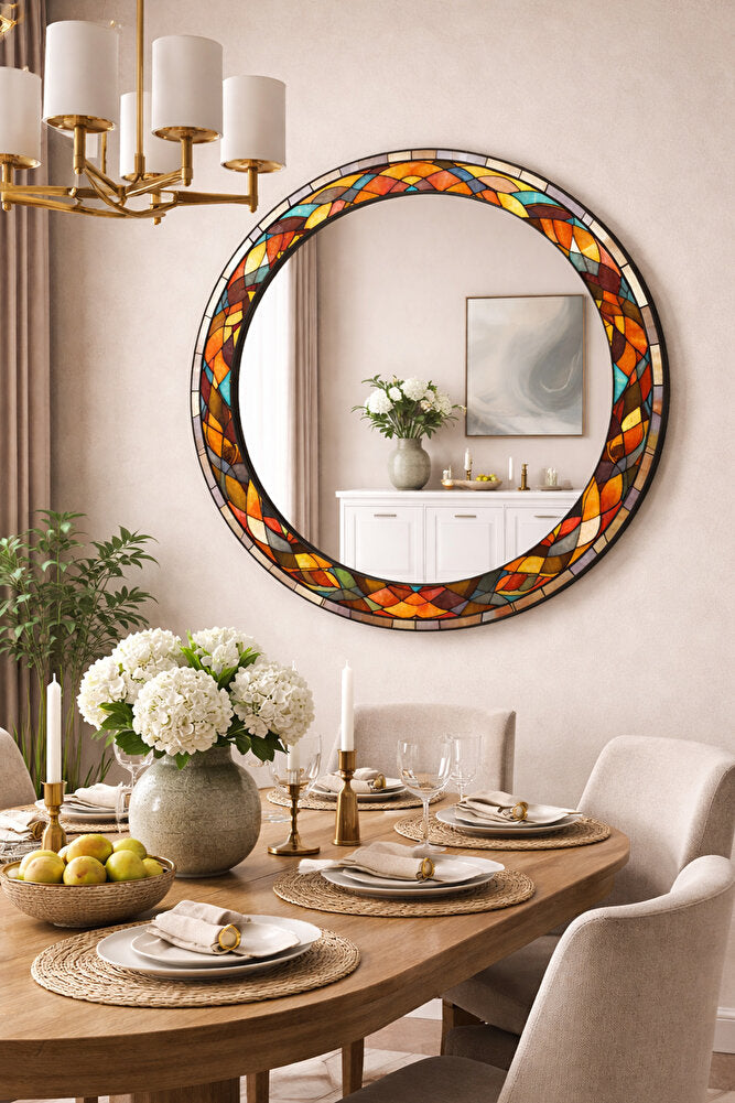Dekor Camı ve Ayna | Renkli Vitray Desenli Yuvarlak Dekoratif Ayna | 100cm x 100cm