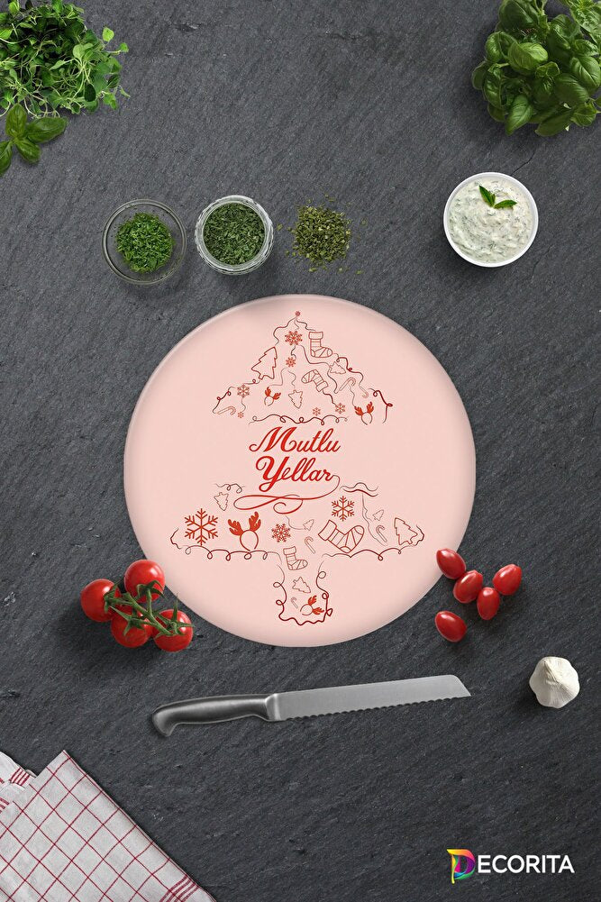 Mutlu Yıllar | Cam Kesme Tahtası - Cam Kesme Tablası | Çap32 Cm