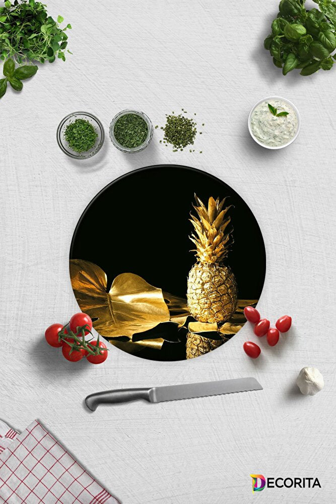 Altın Ananas | Cam Kesme Tahtası - Cam Kesme Tablası | Çap32 Cm