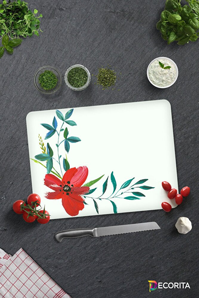 Çiçek Motifi Desenli | Cam Kesme Tahtası - Cam Kesme Tablası | Çap 32cm