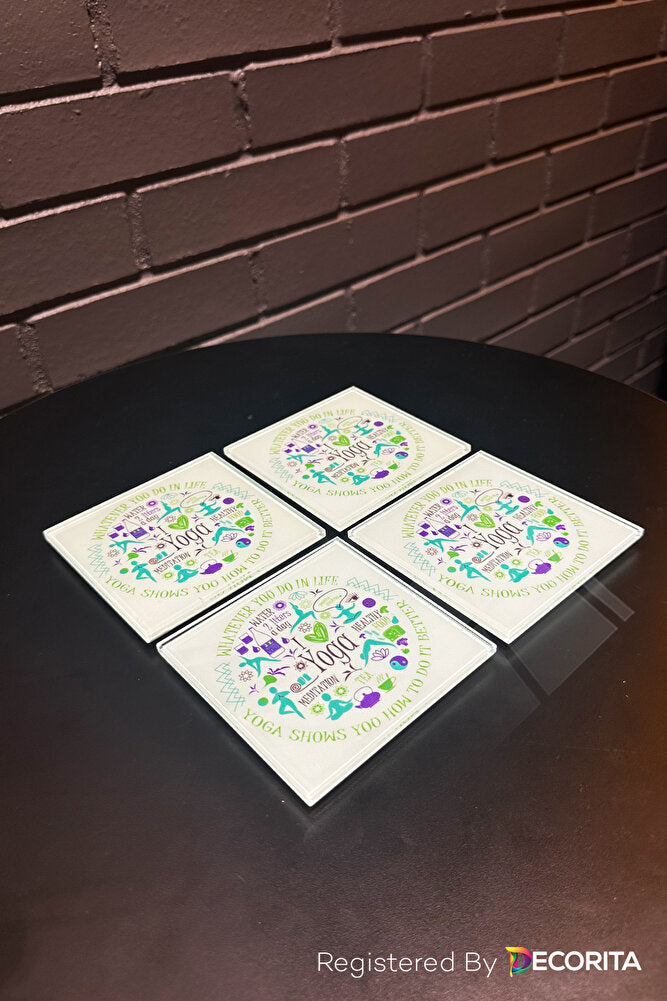 Cam Bardak Altlığı | I Love Yoga | 4'lü Takım | 10cm X 10cm