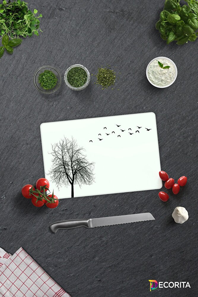 Ağaç ve Kuş Desenli | Cam Kesme Tahtası - Cam Kesme Tablası | 20cm x 30cm