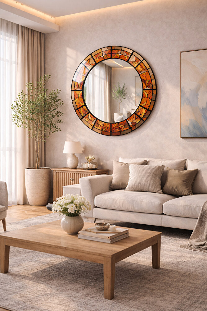 Dekor Camı ve Ayna | Amber Rüyası Yuvarlak Dekoratif Ayna | 90cm x 90cm
