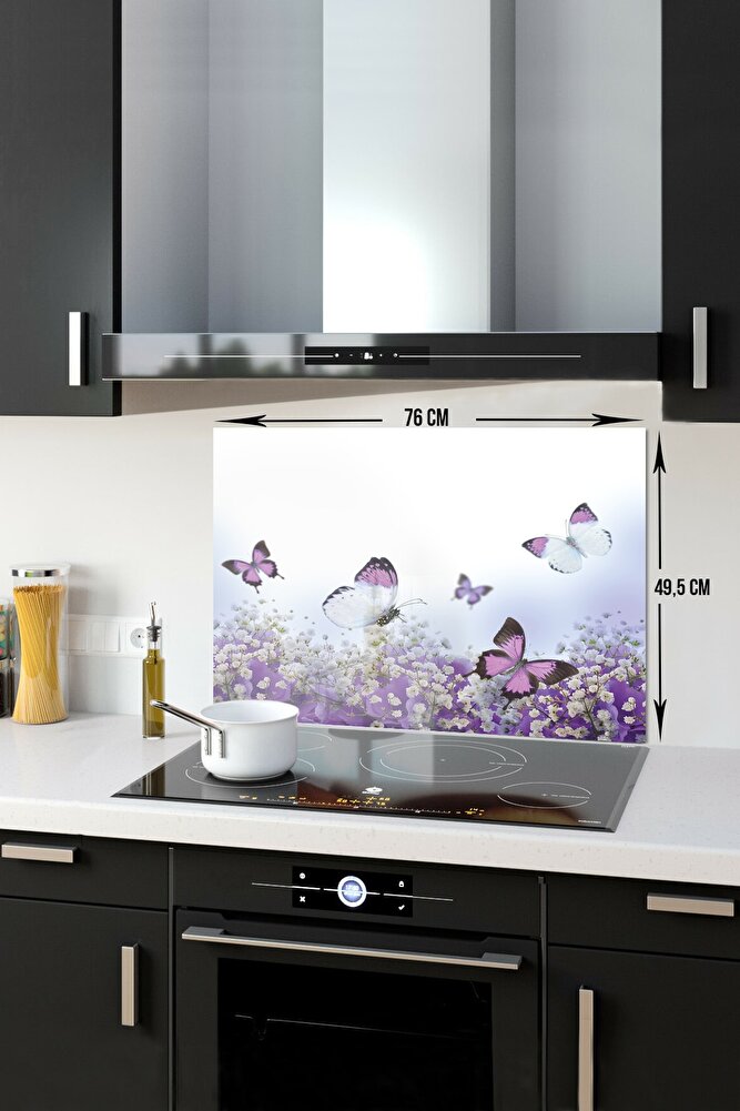 Cam Ocak Arkası Koruyucu | Mor Çiçek Ve Kelebekler | 49.5cm X 76cm