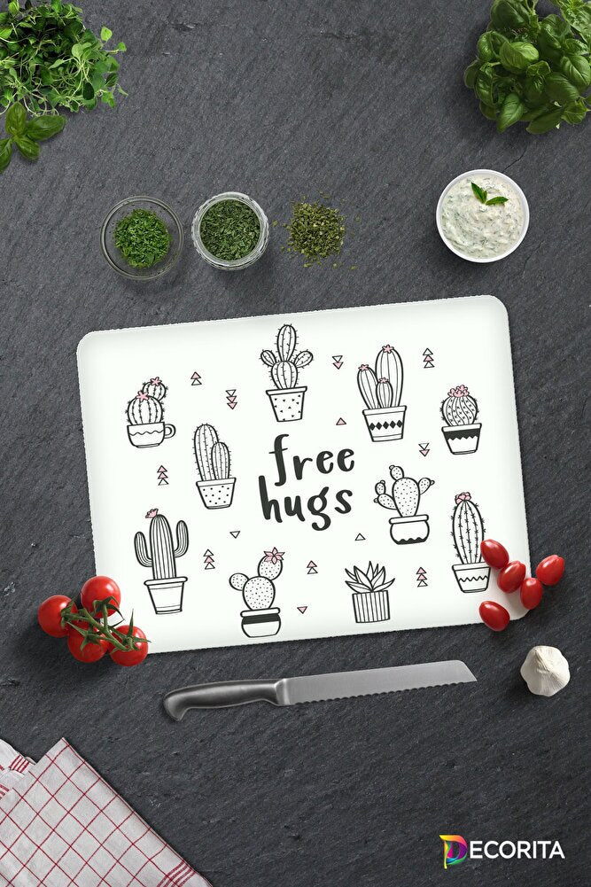 Free Hugs | Cam Kesme Tahtası - Cam Kesme Tablası | Çap 32cm
