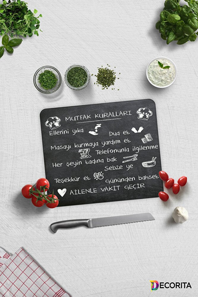 Mutfak Kuralları - Kara Tahta Görünümlü | Cam Kesme Tahtası - Cam Kesme Tablası | 29cm X 34cm