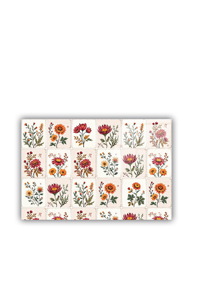 Cam Ocak Arkası Koruyucu | Çiçekli Karo Desen | 49,5cm x 76cm