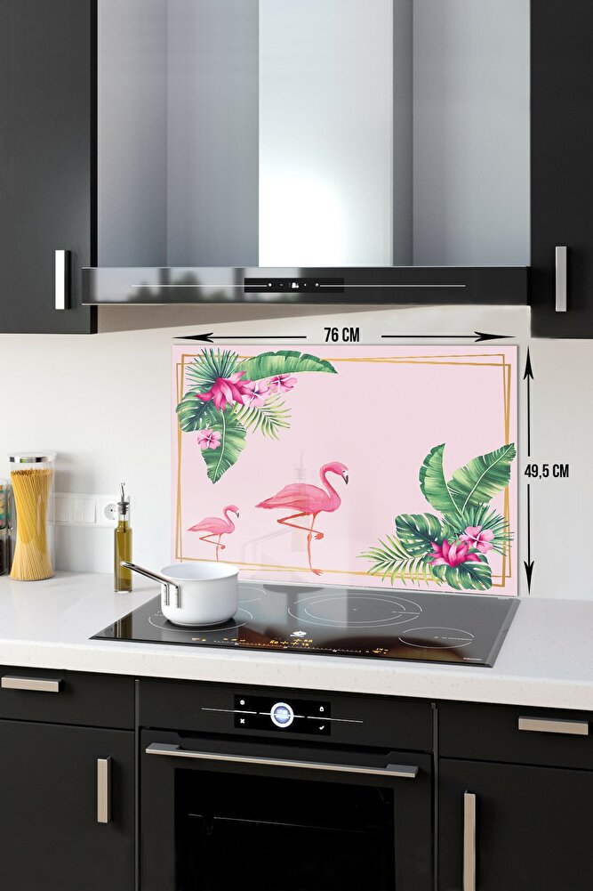 Cam Ocak Arkası Koruyucu | Tropik Yapraklar & Flamingo | 52cm X 60cm
