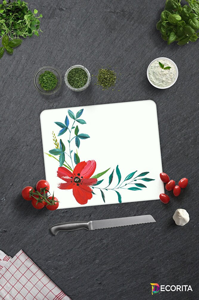 Çiçek Motifi Desenli | Cam Kesme Tahtası - Cam Kesme Tablası | Çap 32cm