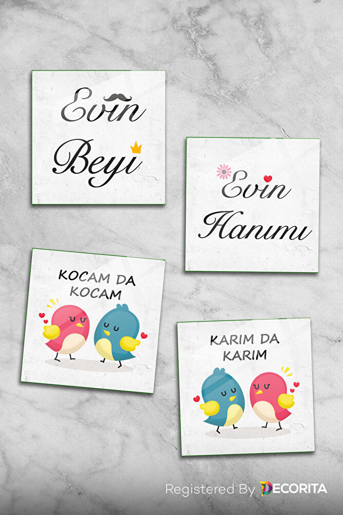 Cam Bardak Altlığı | Komik Sözler Serisi | Evin Beyi-Hanımı | 4'lü Takım | 10cm x 10cm