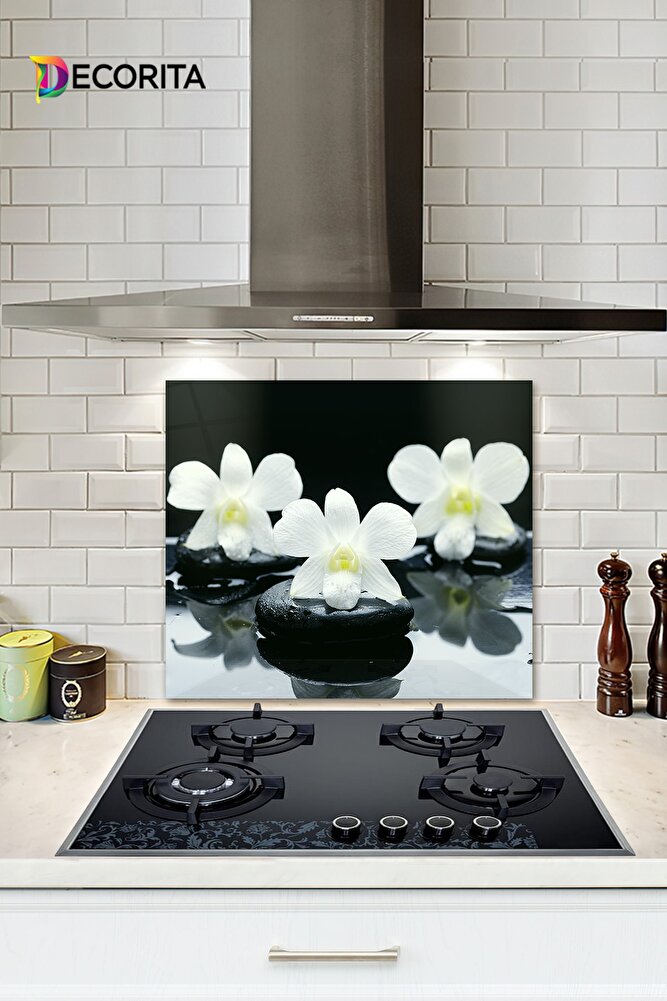 Cam Ocak Arkası Koruyucu | Taş Üzeri 3'lü Orkide | 40cm X 60cm