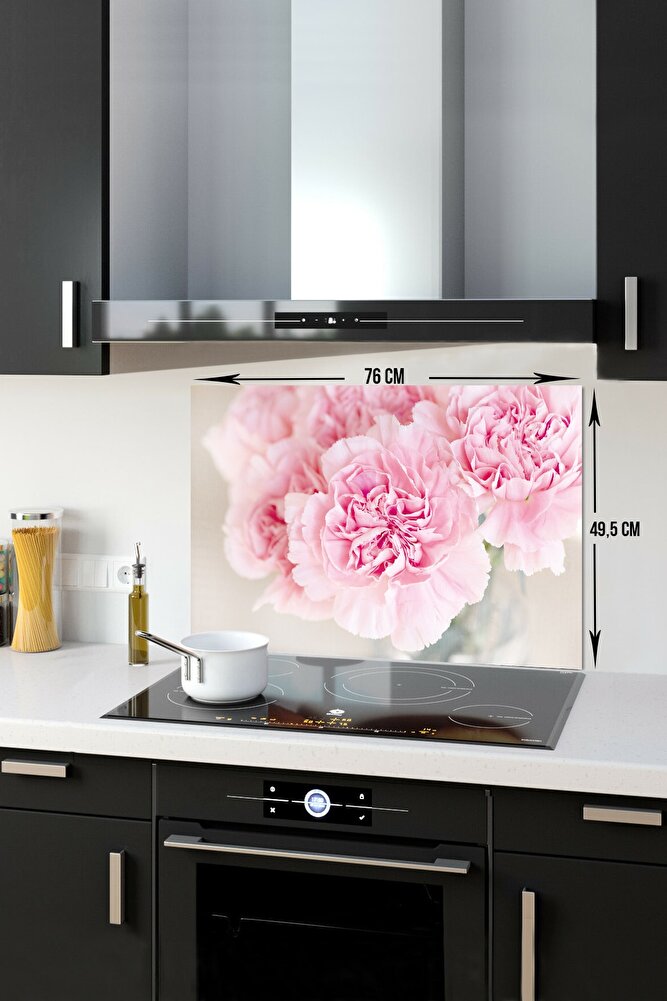 Cam Ocak Arkası Koruyucu | Pembe Krizantem | 49.5cm X 76cm