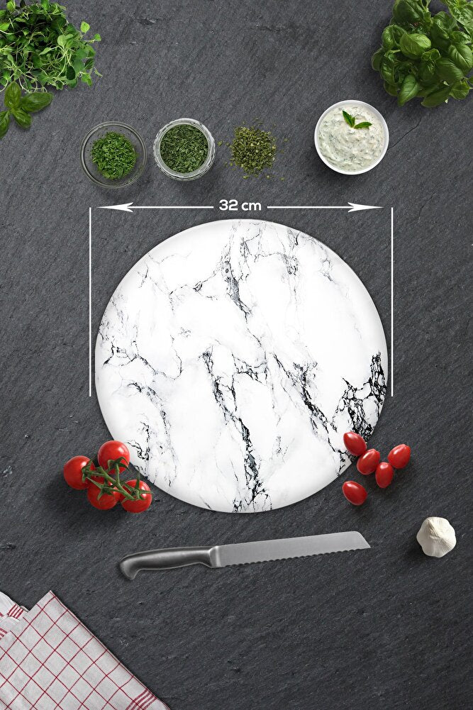 Beyaz Mermer Görünümlü | Cam Kesme Tahtası - Cam Kesme Tablası | Daire Çap 32cm