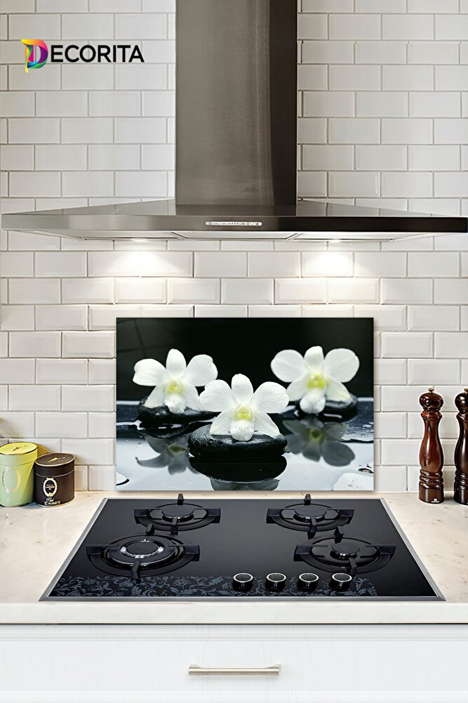 Cam Ocak Arkası Koruyucu | Taş Üzeri 3'lü Orkide | 40cm X 60cm