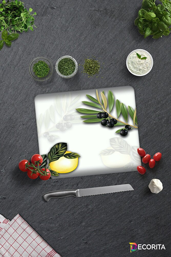 Zeytin Ve Limon Desen | Cam Kesme Tahtası - Cam Kesme Tablası | 29cm X 34cm