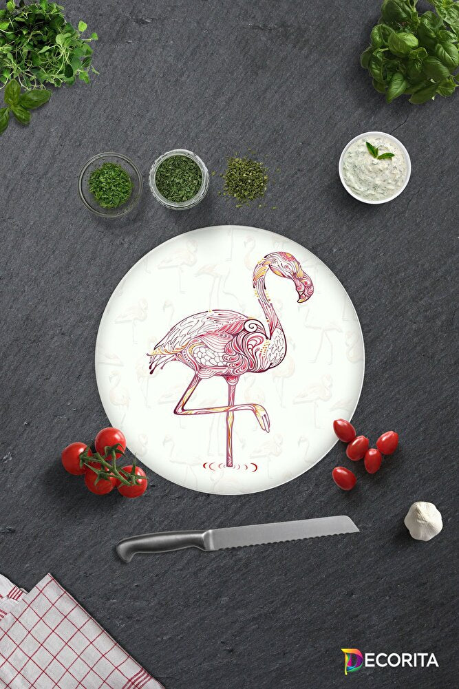 Flamingo Desen | Cam Kesme Tahtası - Cam Kesme Tablası | Daire Çap 32cm