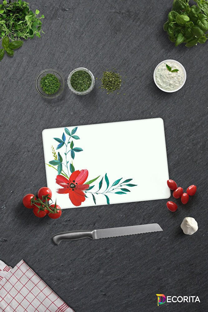 Çiçek Motifi Desenli | Cam Kesme Tahtası - Cam Kesme Tablası | Çap 32cm