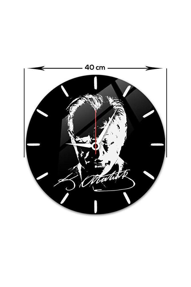 Cam Duvar Saati | Atatürk | Beyaz Fon | Çap40cm
