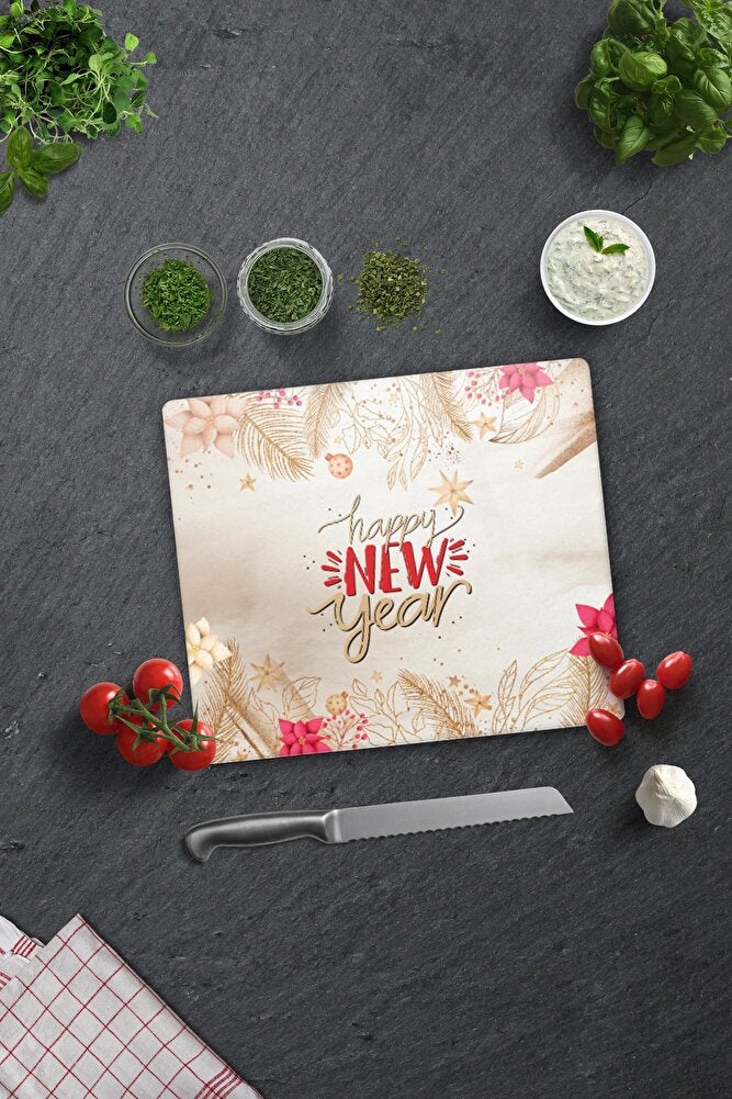 Cam Kesme Tahtası - Cam Kesme Tablası | Happy New Year - Gold | 29cm X 34cm