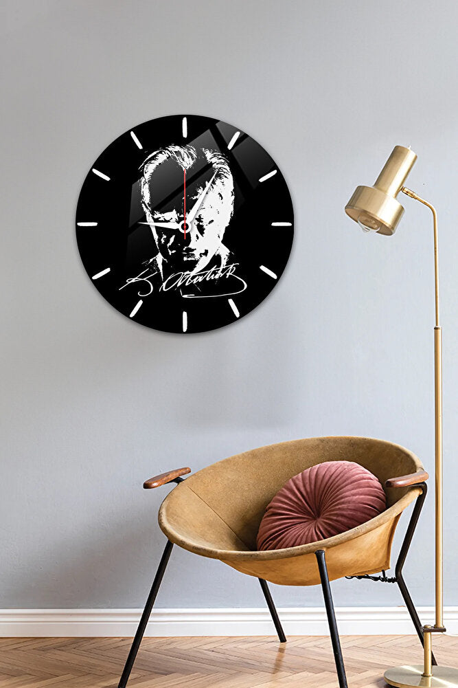 Cam Duvar Saati | Atatürk | Beyaz Fon | Çap40cm