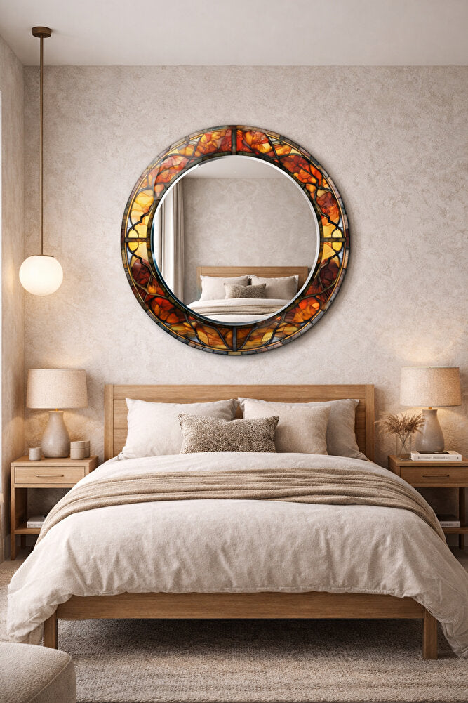 Dekor Camı ve Ayna | Modern Vitray Desenli Yuvarlak Dekoratif Ayna | 70cm x 70cm