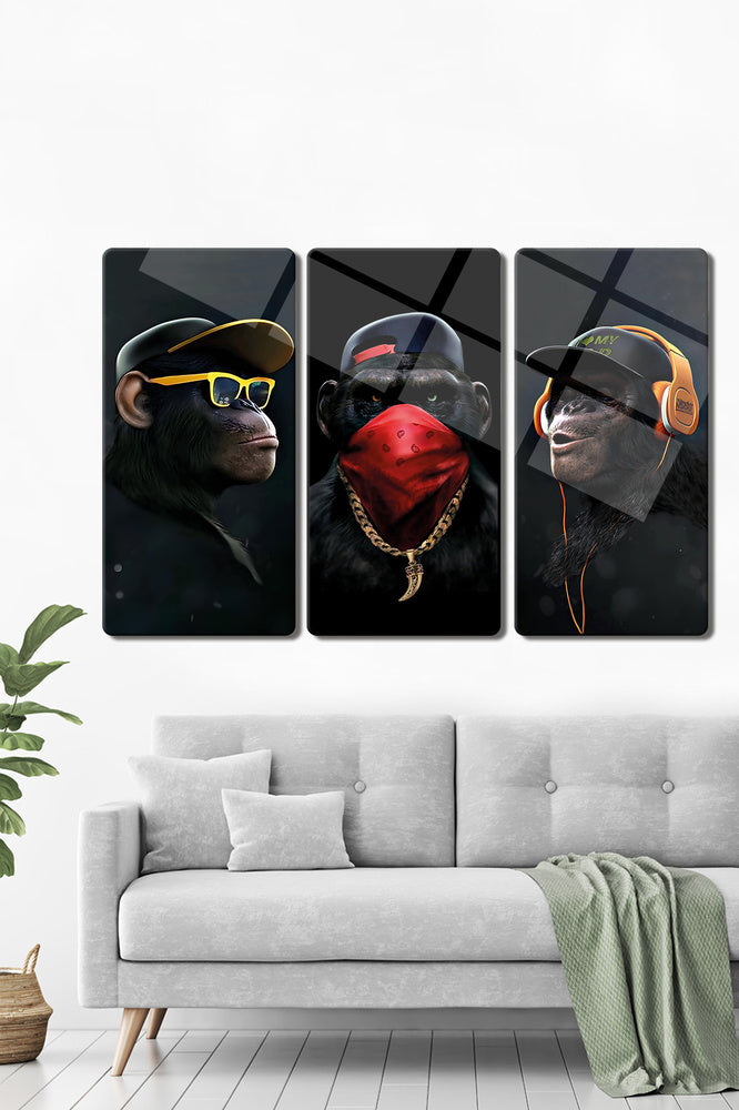 Cam Tablo | Modern Art Serisi | Lazy Monkey | 3'lü Takım | 40cm x 80cm
