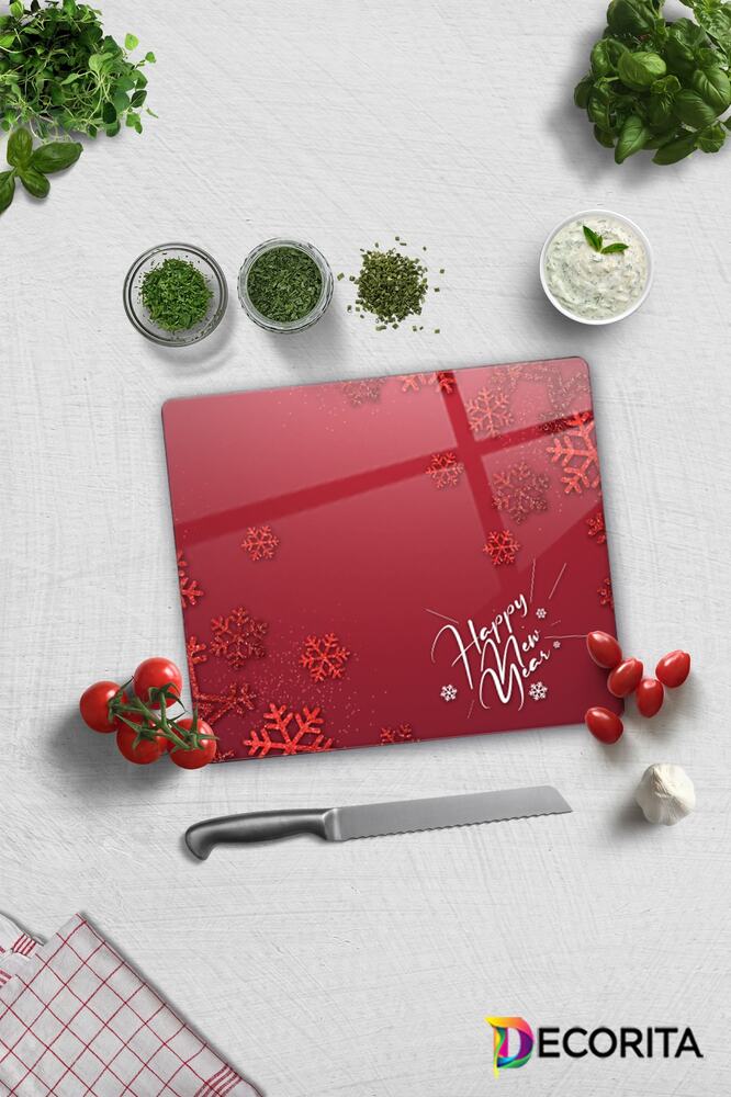 Cam Kesme Tahtası - Cam Kesme Tablası | Happy New Year Kırmızı | 29cm X 34cm