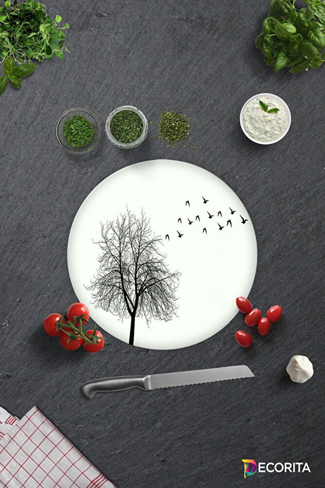 Ağaç ve Kuş Desenli | Cam Kesme Tahtası - Cam Kesme Tablası | 20cm x 30cm