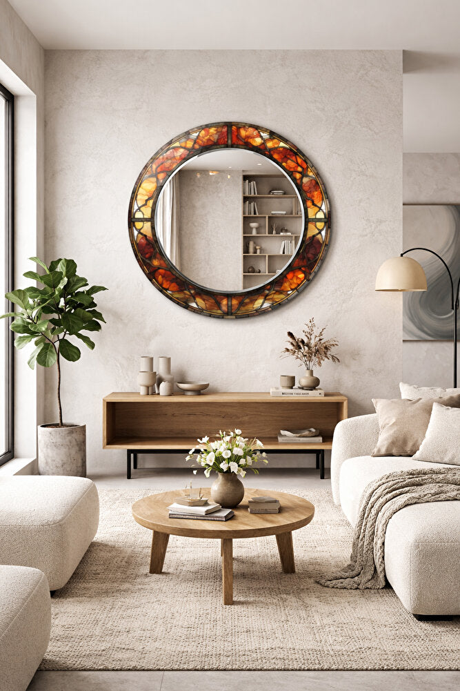 Dekor Camı ve Ayna | Modern Vitray Desenli Yuvarlak Dekoratif Ayna | 70cm x 70cm