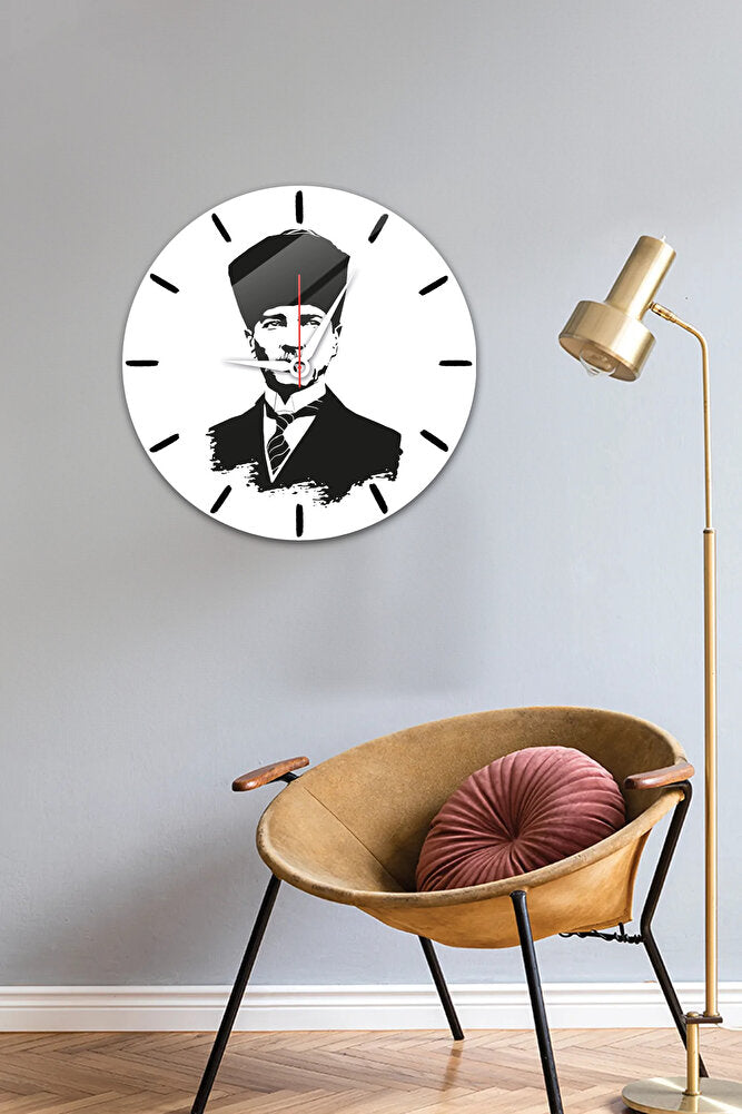 Cam Duvar Saati | Atatürk | Beyaz Fon | Çap40cm