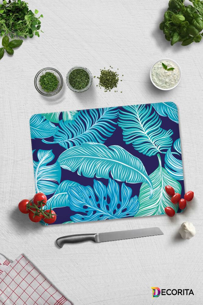 Mavi Tropik Yapraklar | Cam Kesme Tahtası - Cam Kesme Tablası | 30 cm x 40 cm