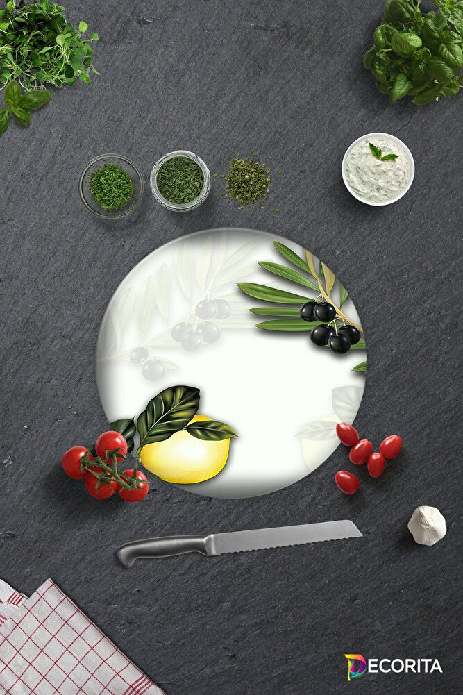 Zeytin Ve Limon Desen | Cam Kesme Tahtası - Cam Kesme Tablası | Çap32 Cm