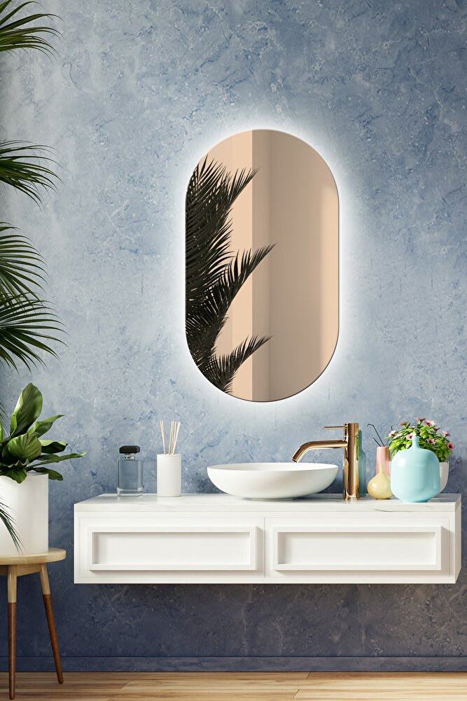 Ayna | Bronz Ayna | Oval Şekilli Dikey Ayna | Ledli | 45cm X 80cm