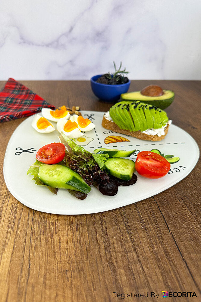 Cam Diyet Tabağı | Cam Sunum Tabağı | Porsiyon Tabağı - Avokado Görselli | 25cm x 28cm