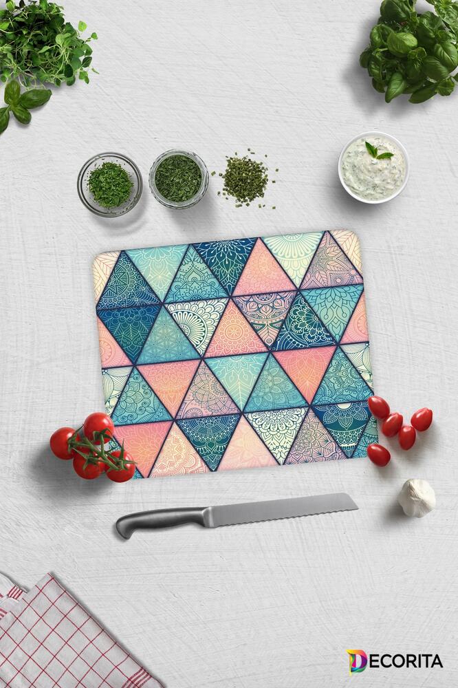 Renkli Mandala Desenli | Cam Kesme Tahtası - Cam Kesme Tablası | 29 cm x 34 cm