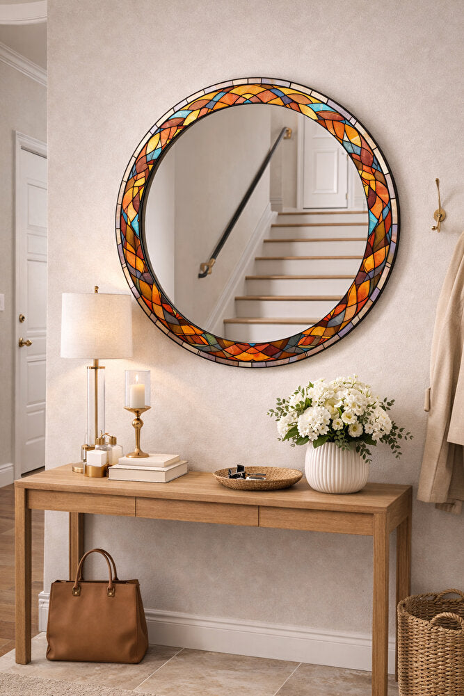 Dekor Camı ve Ayna | Renkli Vitray Desenli Yuvarlak Dekoratif Ayna | 100cm x 100cm