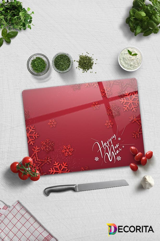 Cam Kesme Tahtası - Cam Kesme Tablası | Happy New Year Kırmızı | 30cm X 40cm