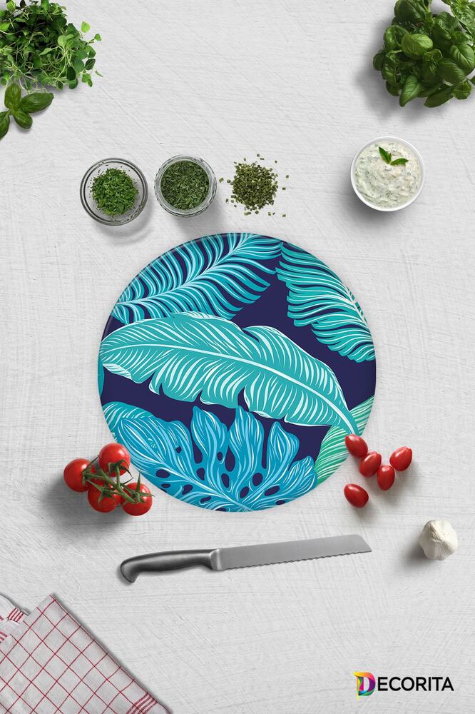 Mavi Tropik Yapraklar | Cam Kesme Tahtası - Cam Kesme Tablası | 30 cm x 40 cm