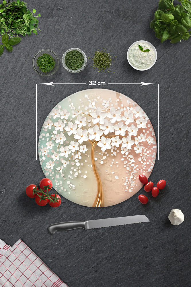 Cam Kesme Tablası - Cam Kesme Tahtası | Beyaz Çiçek - Renkli | Çap32cm