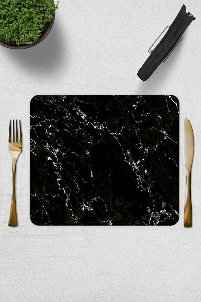 2'li Takım | Cam Tabak - Kahvaltı Tabağı - Pasta Tabağı | Siyah Mermer Görünümlü | 29cm X 34cm