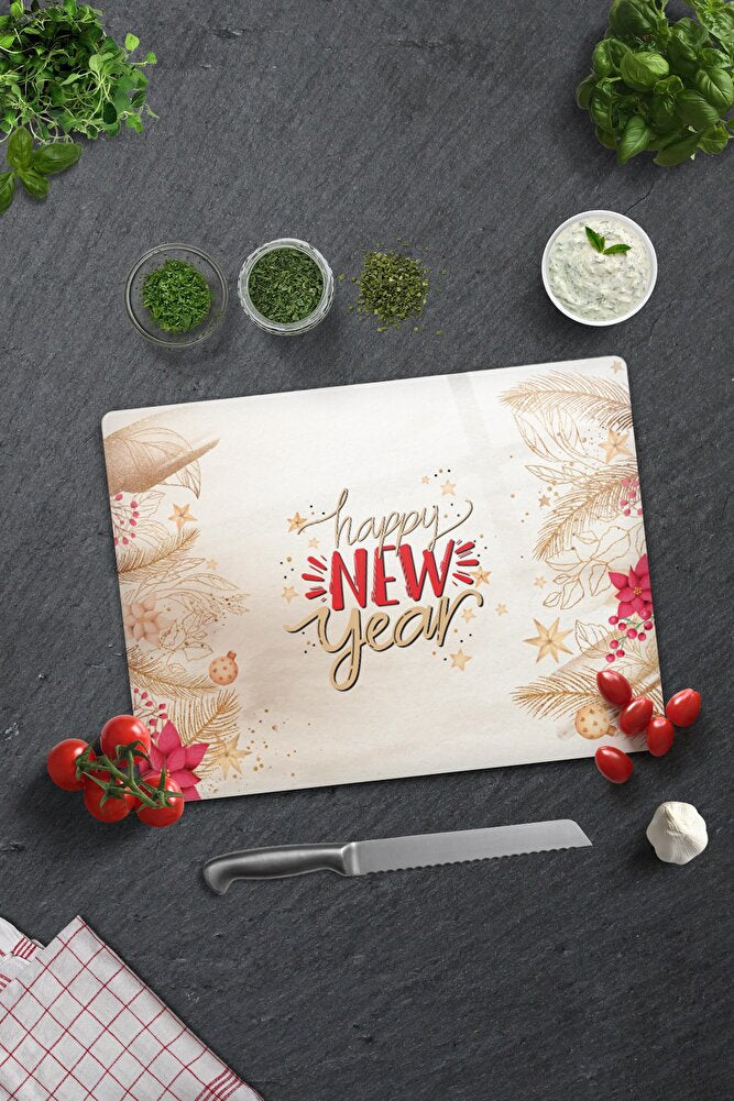 Cam Kesme Tahtası - Cam Kesme Tablası | Happy New Year - Gold | 30cm X 40cm
