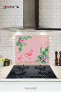 Cam Ocak Arkası Koruyucu | Tropik Yapraklar & Flamingo | 52cm X 60cm