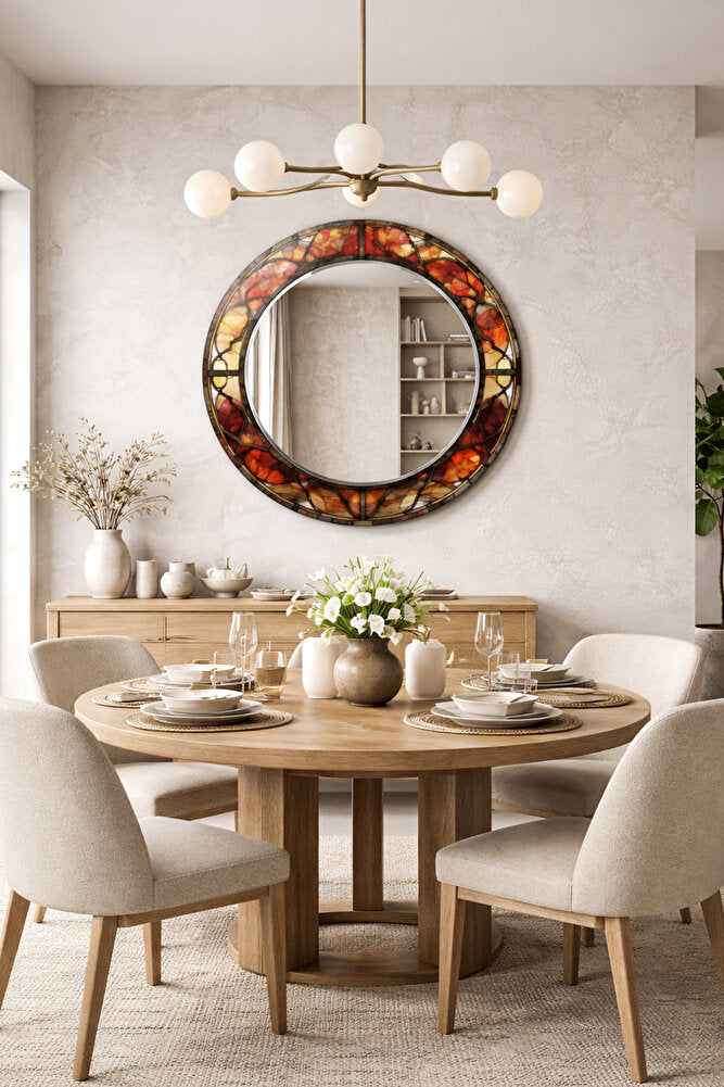 Dekor Camı ve Ayna | Modern Vitray Desenli Yuvarlak Dekoratif Ayna | 70cm x 70cm