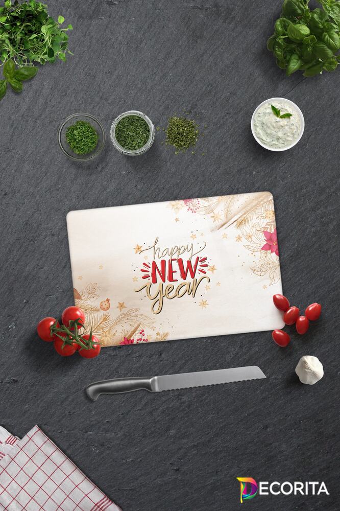 Cam Kesme Tahtası - Cam Kesme Tablası | Happy New Year - Gold | 20cm X 30cm